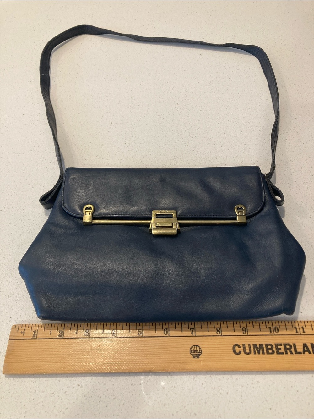 Etienne Aigner Navy Leather Shoulder Bag with Gold-Tone Hardware